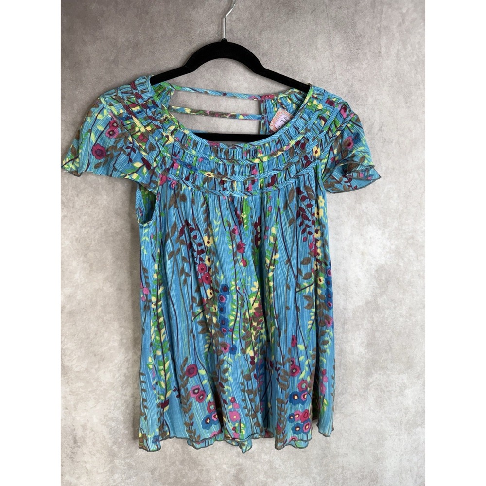 Vintage Y2K Free People Tunic Cap Sleeve Top In Floral Striped Blue Women's Sz S